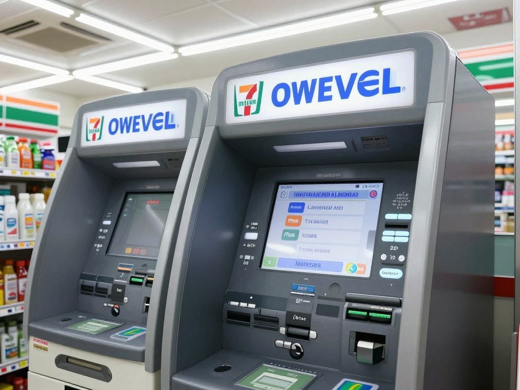 7-Eleven ATM machine in Taiwan showing international card symbols Visa Mastercard Plus Cirrus 7-Eleven ATM machine in Taiwan showing international card symbols Visa Mastercard Plus Cirrus