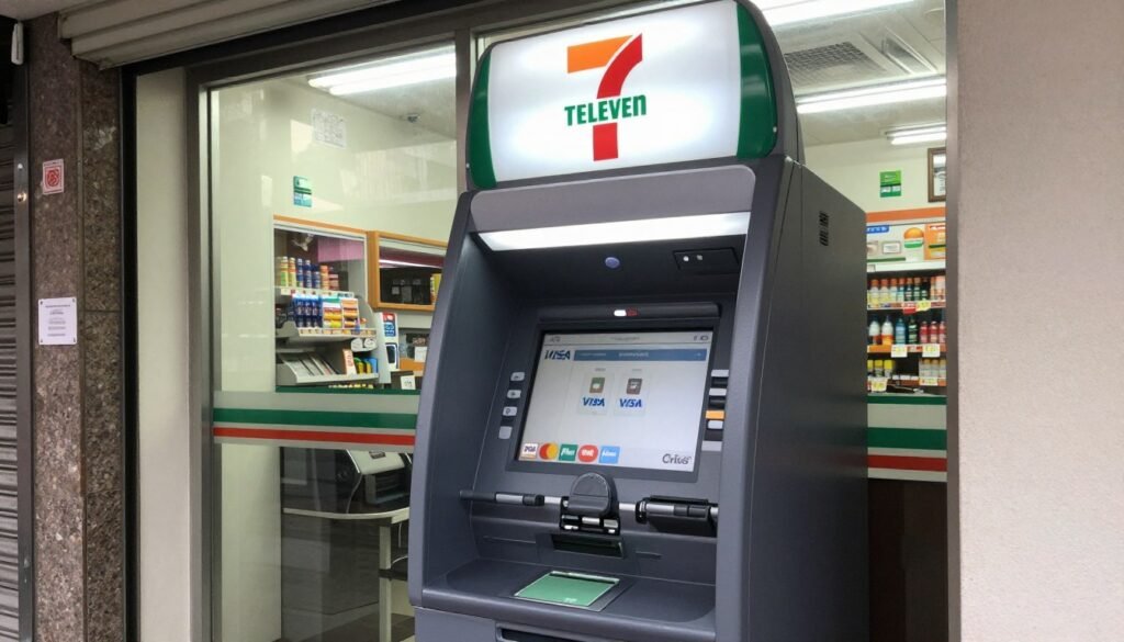 7-Eleven convenience store with ATM machine showing international card acceptance symbols 7-Eleven convenience store with ATM machine showing international card acceptance symbols