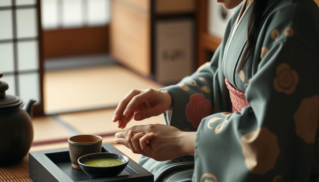 A Japanese woman in kimono performing a traditional tea ceremony with careful precision