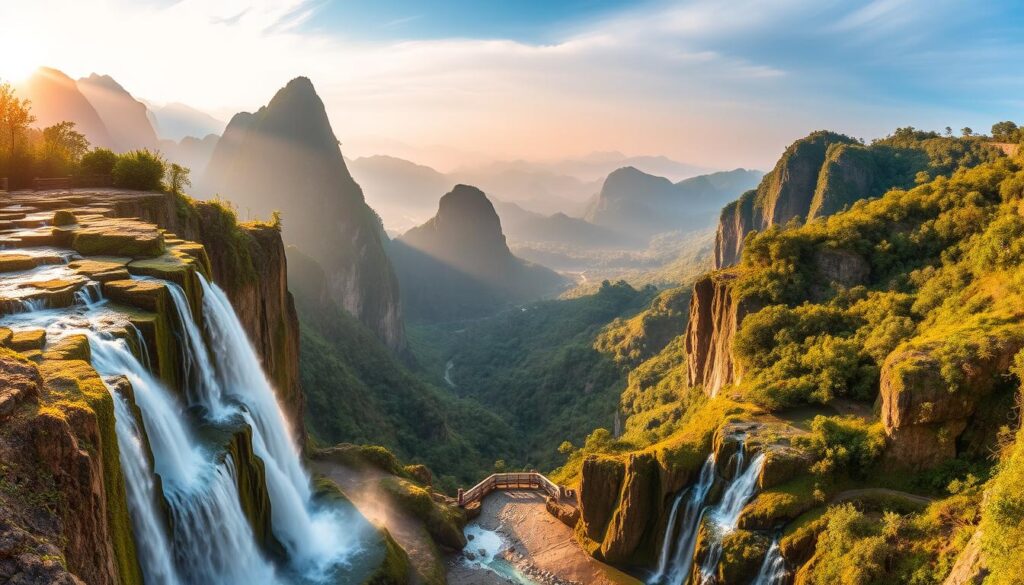 A breathtaking panorama of Northern Vietnam's majestic landscapes. In the foreground, cascading waterfalls tumble over moss-covered cliffs, their crystalline streams reflecting the golden rays of the sun. The middle ground features towering limestone karsts, their jagged peaks shrouded in a veil of mist, adding an air of mystery and tranquility. In the distance, lush, verdant forests cling to rolling hills, their vibrant hues contrasting with the azure sky above. The scene is bathed in a warm, golden light, creating a sense of timeless beauty and wonder. Capture this awe-inspiring vision of Northern Vietnam's natural splendor through a wide-angle lens, showcasing the grandeur and serene harmony of this captivating region.