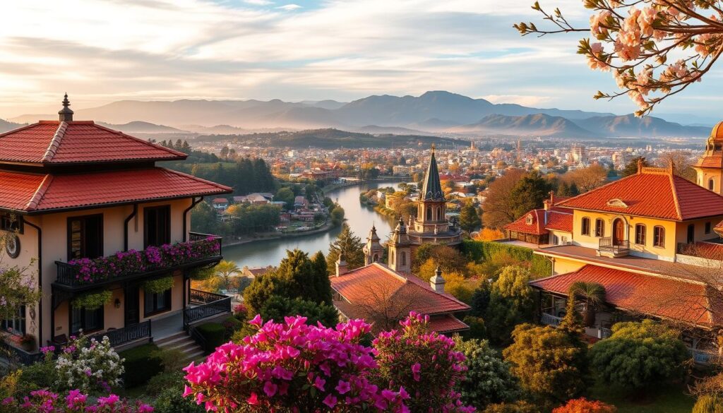 A breathtaking panoramic view of Dalat, Vietnam's mountain resort town, nestled amidst rolling hills and lush pine forests. In the foreground, a charming European-style villa with a terracotta roof and ornate balconies, surrounded by vibrant azalea bushes and blooming cherry blossom trees. The middle ground reveals a winding river cutting through the town, flanked by quaint cafes, boutiques, and old French colonial buildings. In the distance, the majestic Langbiang Mountain range rises majestically, its peaks capped with wispy clouds illuminated by the warm, golden hour sunlight. The scene evokes a sense of tranquility, romance, and timeless elegance, capturing the essence of Dalat's hidden gem status within Vietnam's diverse landscape.