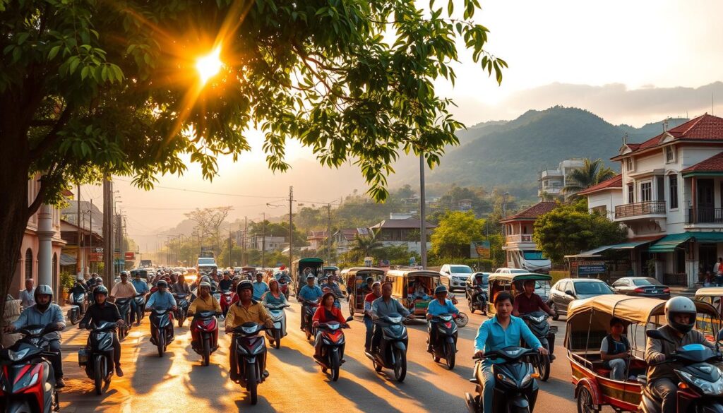 A bustling Vietnamese street scene, illuminated by warm, golden sunlight filtering through lush tropical foliage. In the foreground, a diverse array of transportation options - from sleek motorbikes and vibrant cyclos to colorful, traditional sampan boats gliding along a nearby waterway. In the middle ground, locals navigate the busy thoroughfare, weaving between the vehicles with practiced ease. The background features a tapestry of colonial-era architecture, lush green hills, and the distant haze of a mountainous horizon, creating a captivating, quintessentially Vietnamese landscape. Capture this dynamic, visually striking snapshot of Vietnam's varied and efficient transportation system.