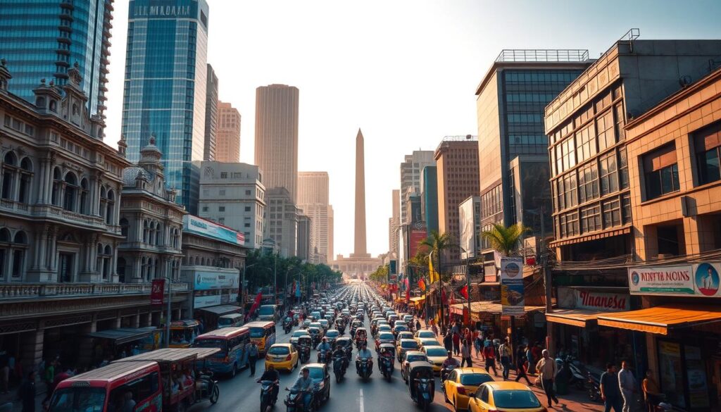 A bustling cityscape of Jakarta, the vibrant capital of Indonesia. In the foreground, majestic colonial-era buildings and skyscrapers stand tall, their intricate architecture and gleaming glass facades reflecting the dynamic blend of old and new. The middle ground is alive with the energy of the streets, teeming with colorful markets, busy pedestrians, and the iconic bajaj three-wheeled taxis. In the background, the iconic Monas monument, a towering obelisk symbolizing the nation's independence, rises majestically against a clear sky. Warm, golden sunlight bathes the scene, casting long shadows and creating a sense of warmth and vitality. The overall impression is one of a thriving, multifaceted city, a cultural and historical heart of Indonesia.