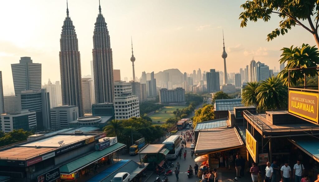 A bustling cityscape of Kuala Lumpur, the vibrant heart of Malaysia. In the foreground, iconic landmarks like the Petronas Twin Towers and the Kuala Lumpur Tower stand tall, their modern architecture casting dramatic shadows. In the middle ground, a lively street scene unfolds, with colorful shops, street food stalls, and locals going about their daily lives. The background is filled with a mix of high-rise buildings, verdant parks, and the distant silhouettes of the Titiwangsa Mountains, creating a visually striking contrast. The scene is bathed in warm, golden light, conveying a sense of energy and vitality. A cinematic, wide-angle lens captures the dynamic urban landscape, inviting the viewer to explore the city's rich cultural tapestry.
