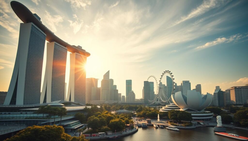 A bustling cityscape showcasing Singapore's diverse attractions, captured through a wide-angle lens. In the foreground, the iconic Marina Bay Sands hotel and ArtScience Museum stand tall, their modern architecture bathed in warm, golden sunlight. In the middle ground, the lush greenery of Gardens by the Bay and the towering Supertree structures create a striking contrast with the surrounding skyscrapers. In the background, the Singapore Flyer ferris wheel and the historic Merlion statue are visible, representing the city's blend of old and new. The scene is imbued with a sense of vibrancy and energy, inviting the viewer to explore the myriad of sights and experiences that Singapore has to offer.