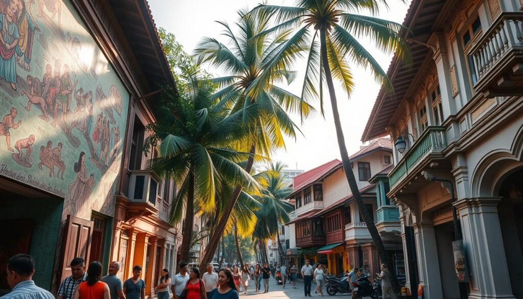 A bustling street in George Town, Penang, Malaysia, featuring vibrant murals and street art adorning the historic buildings. The foreground showcases intricate wall paintings depicting local culture and heritage, with people interacting and exploring the colorful alleyways. The middle ground features quaint shophouses, their facades adorned with traditional Peranakan-influenced architecture. In the background, towering palm trees sway gently, casting dappled shadows across the scene. The lighting is warm and golden, evoking a sense of timeless charm and cultural richness. Captured with a wide-angle lens, the image conveys the lively, pedestrian-friendly atmosphere of this UNESCO World Heritage site.