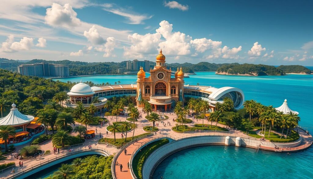 A bustling, vibrant entertainment hub set against the backdrop of lush greenery and azure waters. In the foreground, a grand, ornate structure housing a diverse array of attractions - from thrill-inducing rides to enchanting aquariums teeming with marine life. Towering palm trees sway gently in the warm, tropical breeze, while sleek, futuristic architecture blends seamlessly with the natural landscape. Visitors stroll along winding pathways, marveling at the breathtaking vistas and immersing themselves in the endless possibilities for adventure and discovery. Crisp, high-contrast lighting accentuates the dynamic energy of the scene, creating a captivating and immersive atmosphere that embodies the spirit of Resorts World Sentosa.