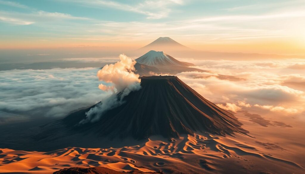A dramatic volcanic landscape rises from the misty, verdant expanse of Bromo-Tengger-Semeru National Park. In the foreground, the iconic Mount Bromo stands tall, its black, craggy cone contrasting with the billowing white steam that escapes its crater. Surrounding it, a sea of fine, ashen sand dunes ebbs and flows, carved by the wind. In the middle ground, the majestic Mount Semeru, the highest peak in Java, looms large, its snow-capped summit piercing the clouds. The warm, golden light of the rising sun bathes the scene, casting long shadows and creating a sense of awe and wonder. Shot with a wide-angle lens, this dramatic, cinematic image captures the raw, untamed beauty of this volcanic wonderland.