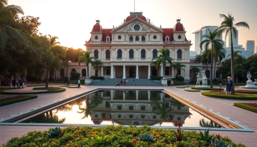 A grand, majestic Singapore cultural heritage museum with a distinctive colonial-style architecture, nestled amidst lush tropical foliage. The building's intricate façade is bathed in warm, golden-hour lighting, casting long shadows across the ornate entrance. In the foreground, a serene reflecting pool mirrors the museum's elegance, while visitors stroll along the paved walkways, immersed in the rich cultural atmosphere. The middle ground features carefully curated landscaping, with native flora and sculptural elements highlighting the museum's dedication to preserving Singapore's heritage. The background is a dreamy, hazy cityscape, blending modern skyscrapers with the historical charm of this iconic institution.