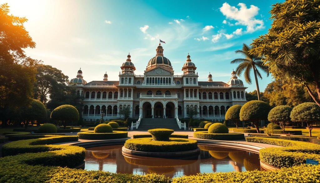 A grand, ornate palace stands majestically against a vibrant, azure sky. Its intricate architecture features ornate domes, graceful arches, and intricate carvings, reflecting the rich cultural heritage of Kuala Kangsar. In the foreground, a tranquil garden with lush, manicured foliage and a serene reflecting pool creates a peaceful ambiance. The image is bathed in warm, golden sunlight, casting a soft, regal glow over the entire scene. The overall composition conveys a sense of timeless elegance and the enduring legacy of Kuala Kangsar's royal lineage.