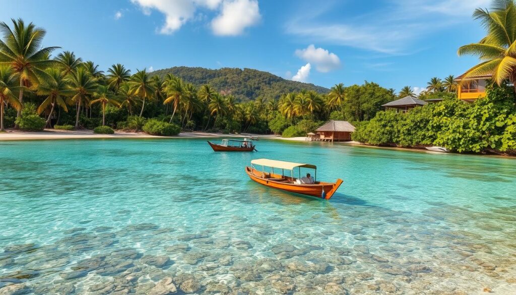 A lush tropical paradise on the Gili Islands, Lombok, Indonesia. White sandy beaches lined with towering palm trees sway in the gentle breeze. Crystal clear turquoise waters reflect the bright sun, inviting visitors to swim and snorkel amidst vibrant coral reefs and diverse marine life. In the middle ground, traditional wooden fishing boats dot the horizon, while on the shore, thatch-roofed bungalows and lush green foliage create a serene, picturesque setting. The scene is bathed in warm, golden hour lighting, evoking a sense of tranquility and relaxation. This idyllic island escape offers a true taste of tropical bliss.