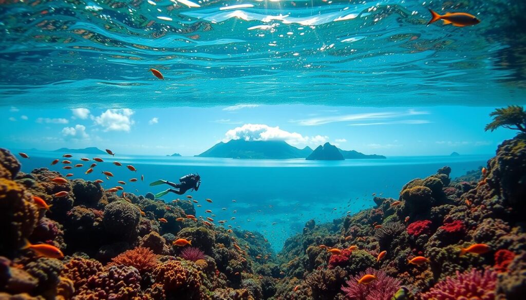 A lush, underwater paradise teeming with vibrant marine life. In the foreground, a diver gracefully explores a vibrant coral reef, surrounded by schools of tropical fish in a spectrum of colors. The middle ground reveals a seamless seascape, with shimmering sunlight filtering through the clear, turquoise waters. In the distance, the silhouettes of towering, jungle-clad islands rise from the sea, their rugged peaks capped with wispy clouds. The scene exudes a sense of tranquility and wonder, capturing the essence of Raja Ampat's renowned diving destination.