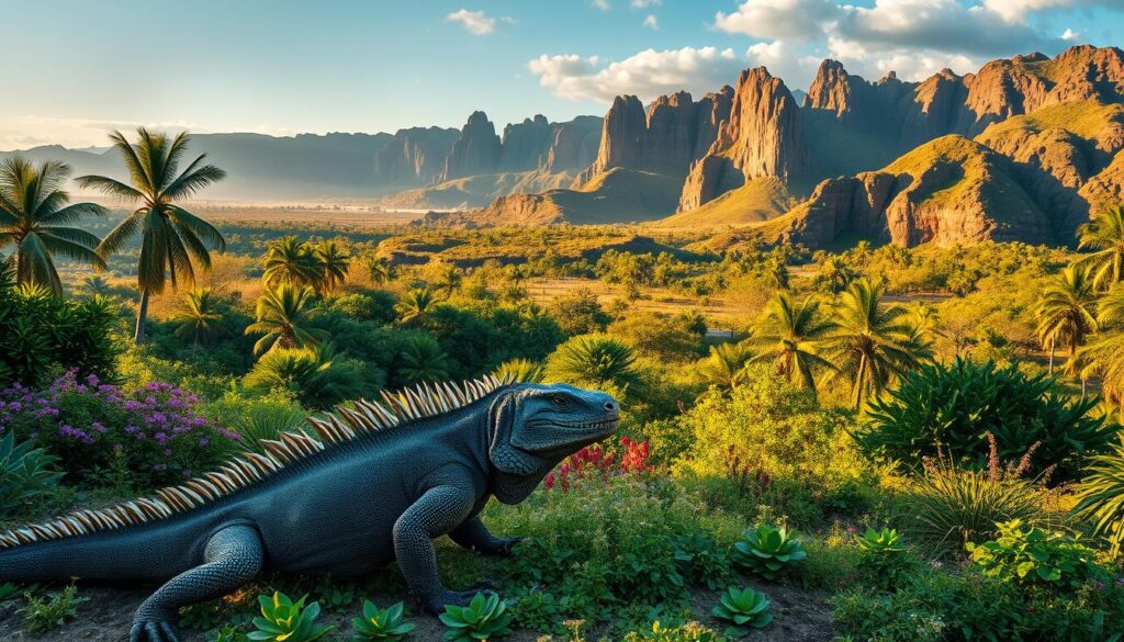 A lush, verdant landscape of Komodo National Park, situated on the rugged islands of Nusa Tenggara, Indonesia. In the foreground, a majestic Komodo dragon, its formidable presence commanding attention, basking in the warm, golden sunlight. The middle ground reveals a tapestry of diverse flora, from towering palm trees to vibrant wildflowers, creating a harmonious natural tableau. In the background, dramatic cliffs and towering mountains rise, their jagged silhouettes casting dramatic shadows across the scene. The overall atmosphere is one of serene tranquility, with a touch of primal, untamed energy emanating from the park's iconic residents - the legendary Komodo dragons. Captured through a wide-angle lens, this image showcases the breathtaking beauty and untamed essence of Komodo National Park, a true gem of Indonesia's natural wonders.