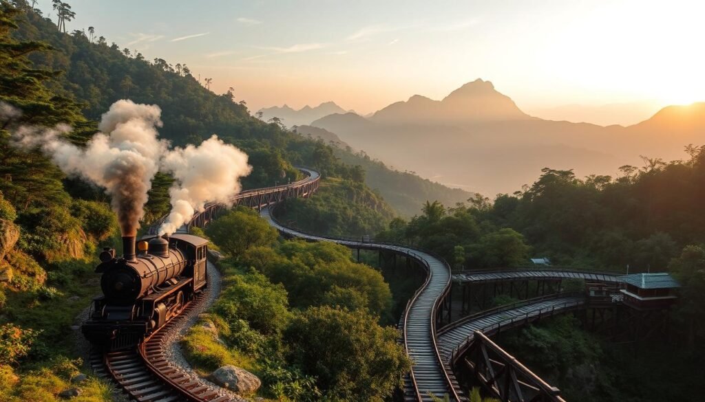 A majestic mountain railway winds through the lush, verdant forests of Alishan, Taiwan. In the foreground, a vintage steam locomotive chugs along the narrow gauge tracks, its billowing smoke adding to the atmospheric haze. The middle ground showcases the dramatic elevation changes, with the railway snaking through steep, rocky slopes and crossing picturesque wooden bridges. In the background, the iconic Alishan peaks rise majestically, their jagged silhouettes framed by a warm, golden-hour glow. The scene evokes a sense of timeless adventure and the awe-inspiring beauty of Taiwan's natural wonders.