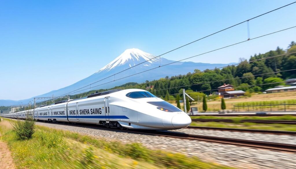 A sleek Shinkansen bullet train speeding past Mount Fuji in Japan