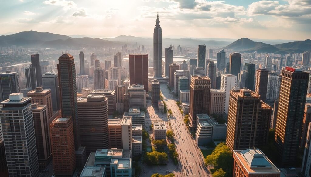 A sprawling cityscape of Taipei, Taiwan, bathed in warm golden sunlight. In the foreground, towering skyscrapers and modern high-rises create a dynamic urban landscape, their sleek glass facades reflecting the vibrant energy of the city. The middle ground features a bustling street scene, with people navigating the lively streets, pedestrians, and vehicles creating a captivating sense of activity. In the background, the iconic Taipei 101 tower rises majestically, its distinct design a symbol of the city's architectural prowess. The scene is infused with a sense of tranquility, as the city's hills and greenery provide a serene contrast to the urban hustle, creating an image that showcases Taipei's unmatched blend of modernity and natural beauty.