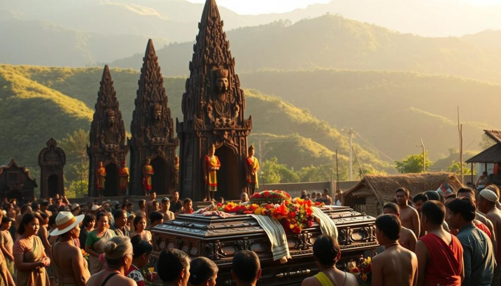 A vibrant, immersive scene of Tana Toraja's unique funeral traditions. In the foreground, a group of villagers gather around an ornately carved wooden coffin, adorned with colorful textiles and offerings. Towering, pointed ancestral graves called 'Tongkonan' stand in the middle ground, their carved façades reflecting the warm, golden hue of the afternoon sun. In the background, lush, verdant hills roll gently, creating a serene, otherworldly atmosphere. The scene is bathed in soft, diffused lighting, capturing the solemn yet celebratory nature of this ancient cultural practice. A sense of reverence and timelessness pervades the image.