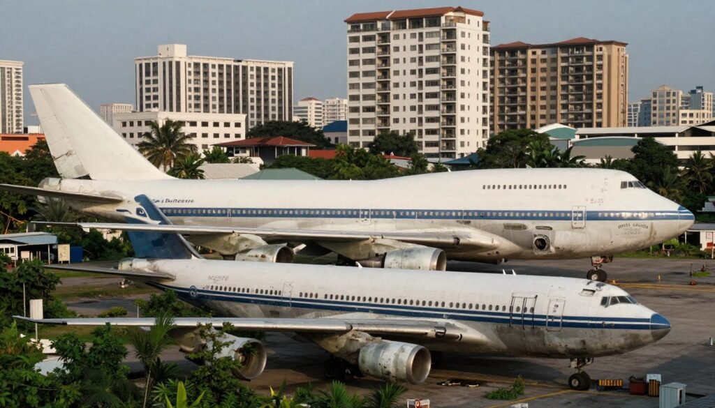 Abandoned commercial aircraft fuselages in overgrown Bangkok lot with homes nearby
