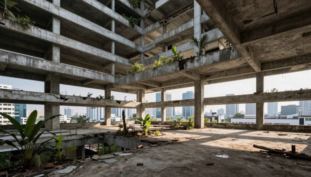 Abandoned unfinished skyscraper in Bangkok with empty concrete floors and overgrown plants
