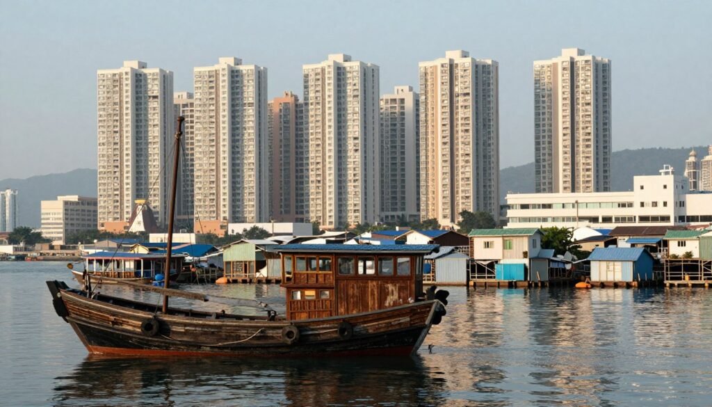 Aberdeen Harbour with traditional junks and modern apartment buildings