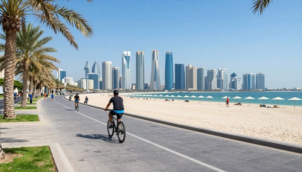 Abu Dhabi Corniche waterfront promenade with beach and skyline Abu Dhabi Corniche waterfront promenade with beach and skyline
