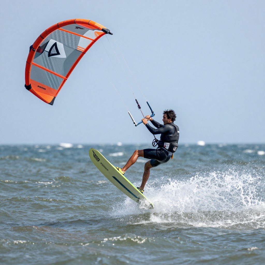 Advanced kitesurfer performing jump on Mui Ne waters