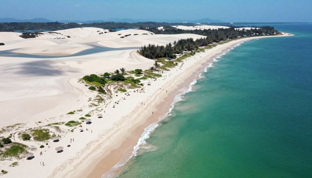 Aerial drone view of Mui Ne coastline showing beach and dunes
