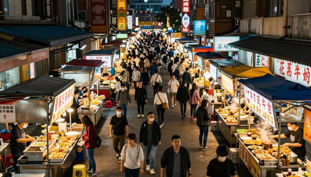 Aerial evening view of illuminated Taiwan night market with food stalls and crowds showing market layout