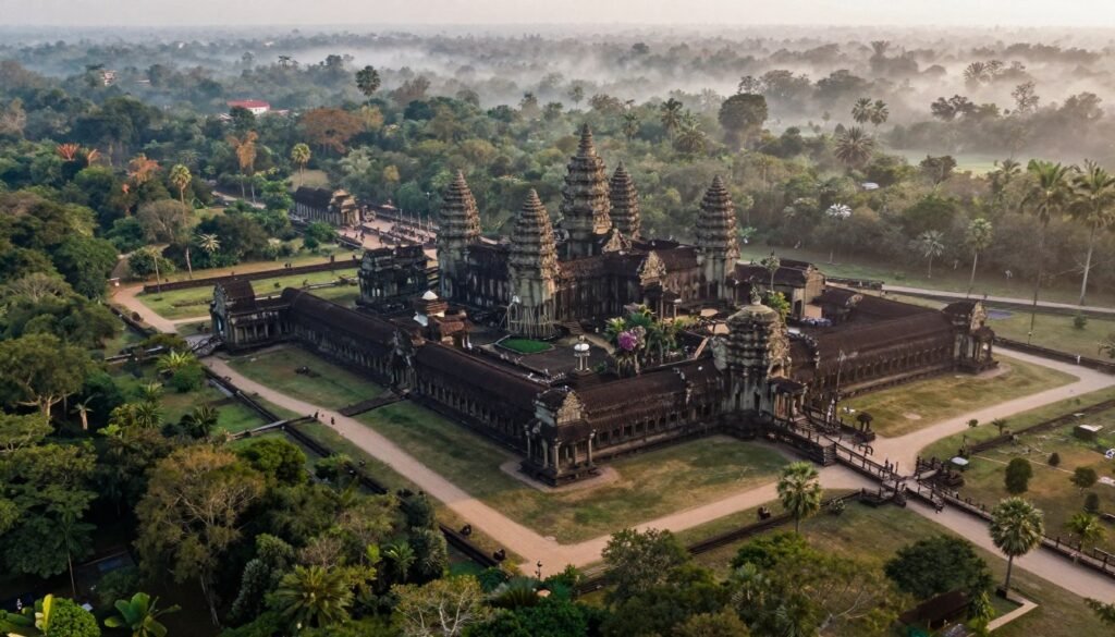 Aerial view of Angkor Wat and surrounding jungle at dawn