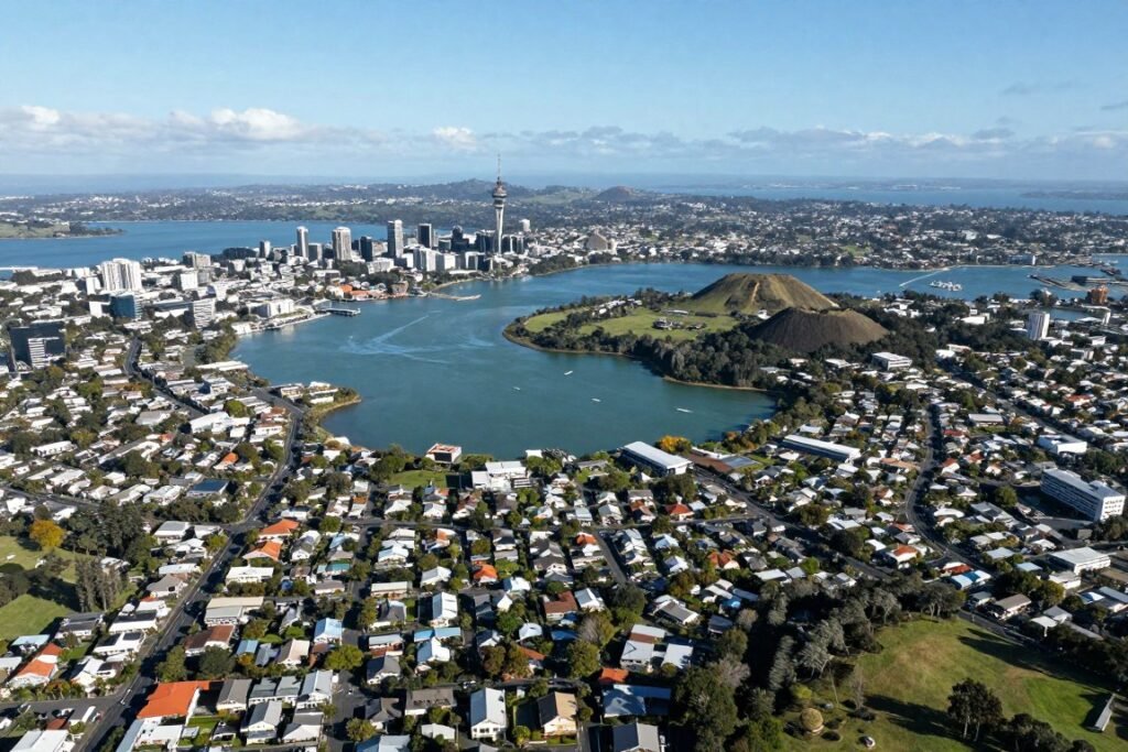 Aerial view of Auckland showing harbors on both sides of the isthmus