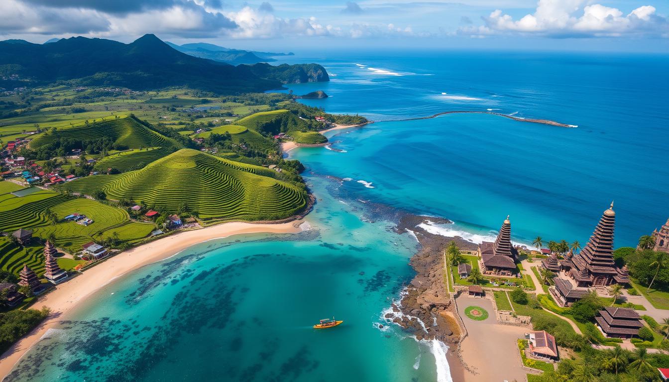 Aerial view of Bali showing beautiful beaches, rice terraces and temples - Bali travel guide