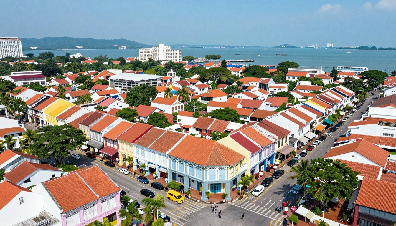 Aerial view of George Town Penang with colonial architecture and colorful shophouses along bustling streets
