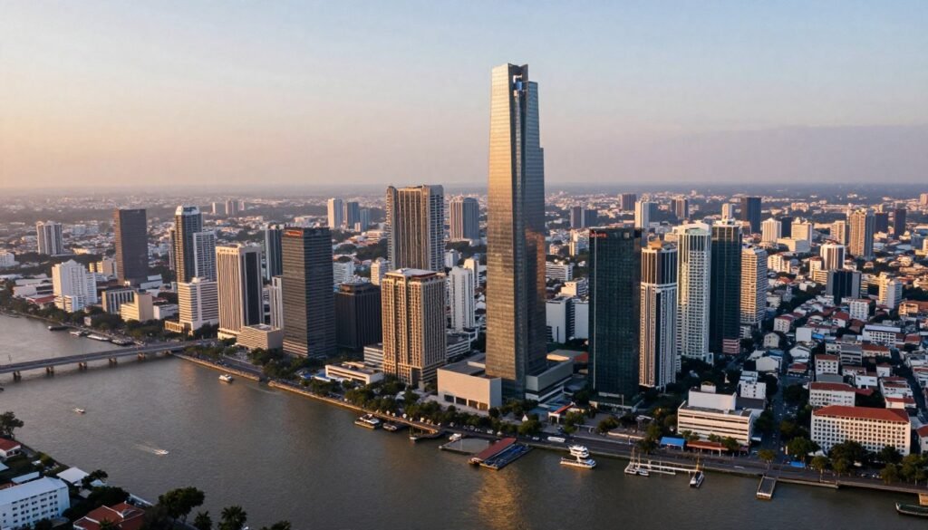 Aerial view of Ho Chi Minh City skyline and Saigon River