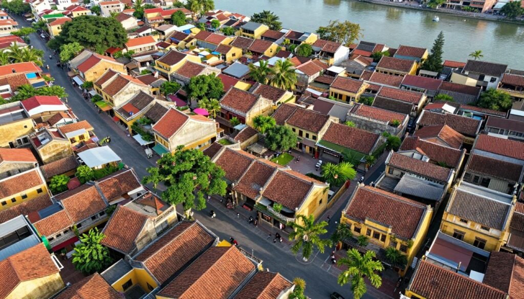Aerial view of Hoi An ancient town showing tile roofs and narrow streets