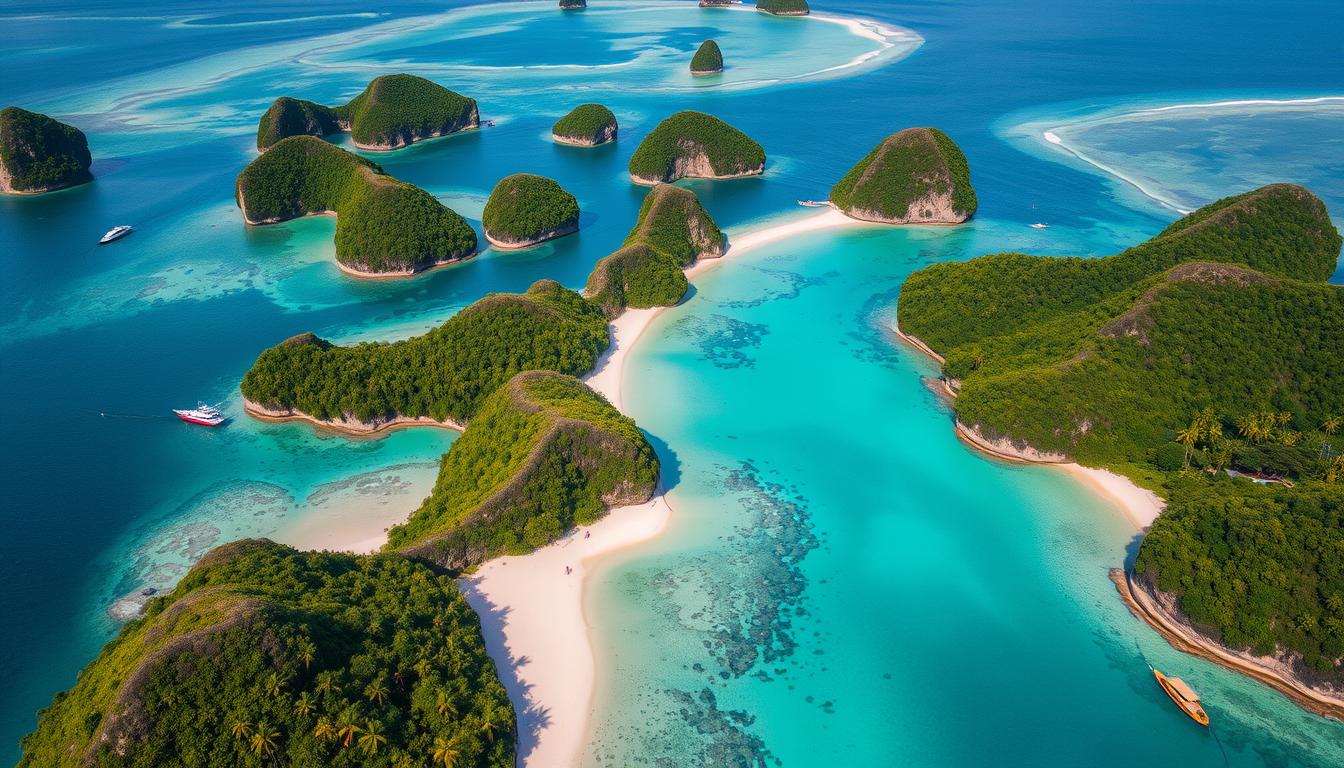 Aerial view of Indonesia's islands with turquoise waters and lush green landscapes - Indonesia travel guide