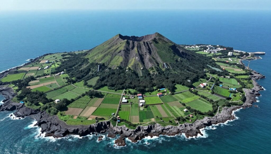 Aerial view of Jeju Island showing volcanic landscape and coastline