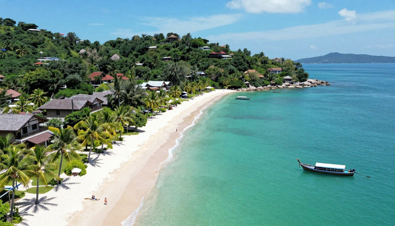 Aerial view of Koh Samui coastline with turquoise waters and palm-fringed beaches