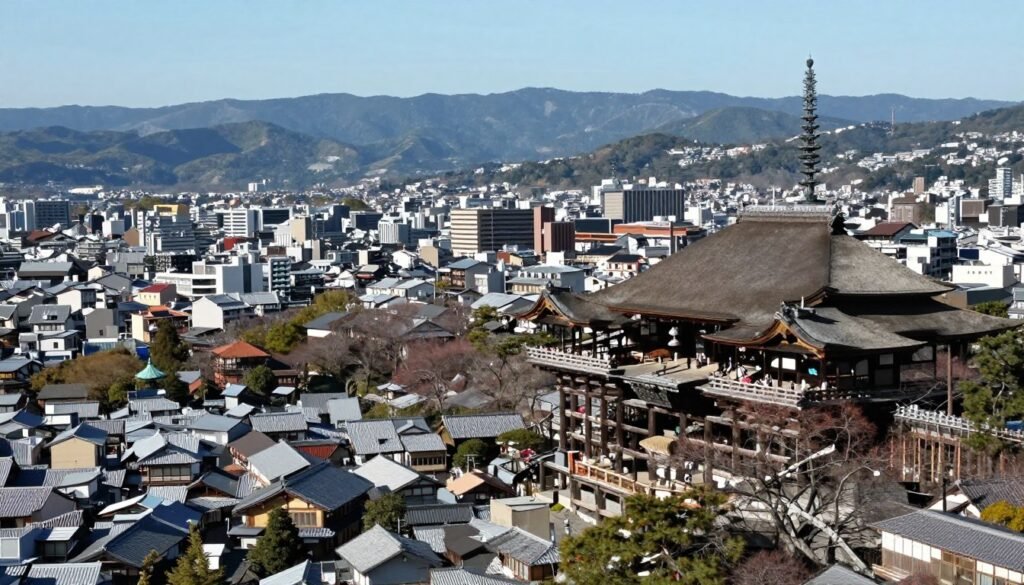 Aerial view of Kyoto city showing mix of traditional and modern districts Aerial view of Kyoto city showing mix of traditional and modern districts
