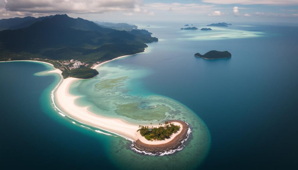 Aerial view of Langkawi's stunning beaches and forested mountains - Malaysia travel guide