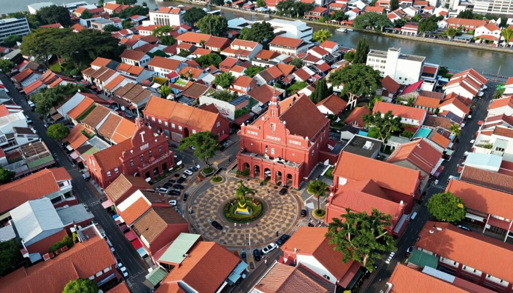 Aerial view of Malacca old town showing red buildings and historic architecture