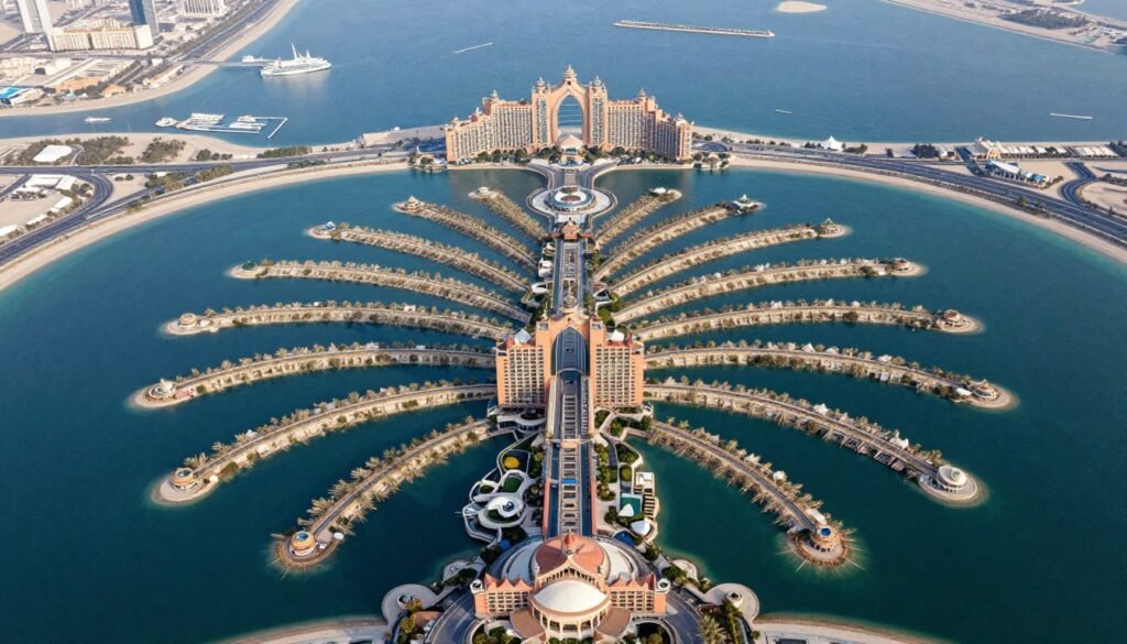 Aerial view of Palm Jumeirah artificial island in Dubai Aerial view of Palm Jumeirah artificial island in Dubai
