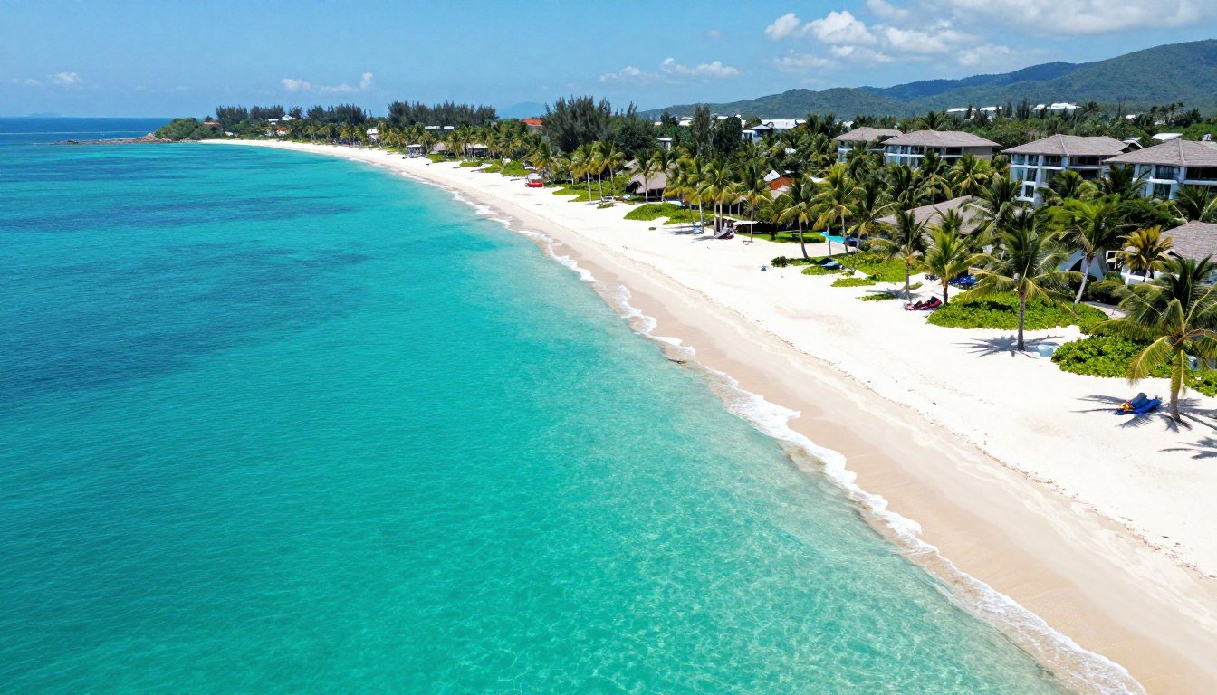 Aerial view of Phu Quoc island coastline with turquoise waters and white sand beaches