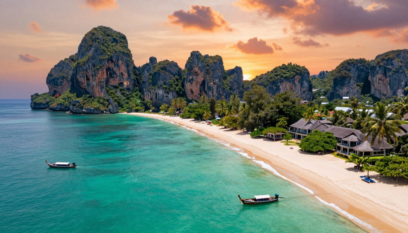 Aerial view of Phuket beaches and tropical coastline at sunset
