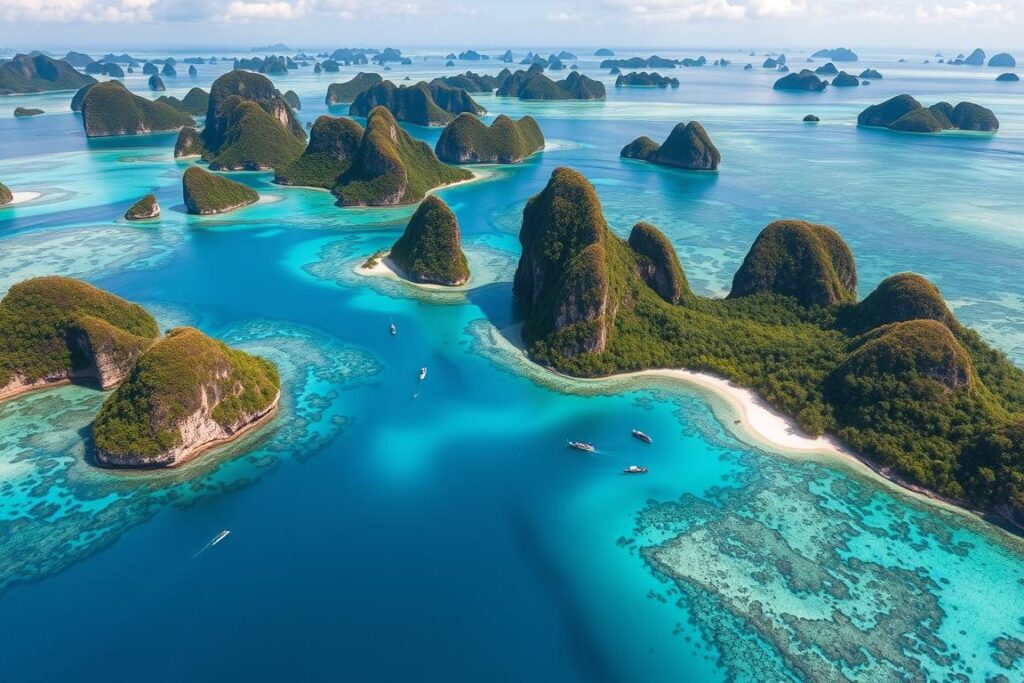 Aerial view of Raja Ampat's karst islands and turquoise lagoons - Indonesia travel guide