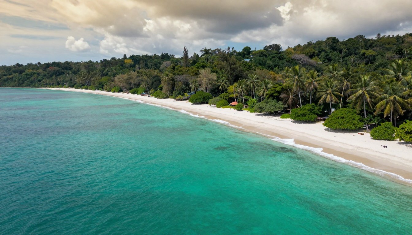 Aerial view of Sabah coastline with turquoise waters and lush rainforest meeting pristine beaches
