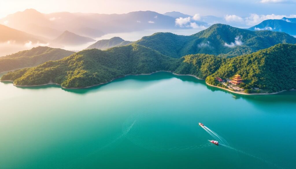 Aerial view of Sun Moon Lake surrounded by mountains with temples on shore