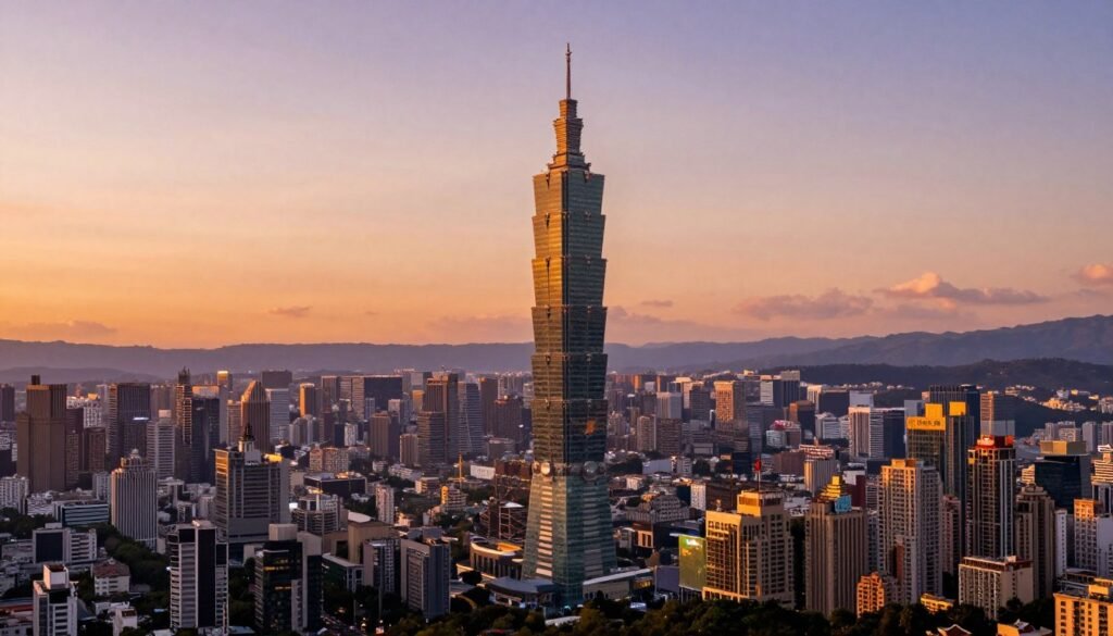 Aerial view of Taipei city skyline with Taipei 101 tower at sunset