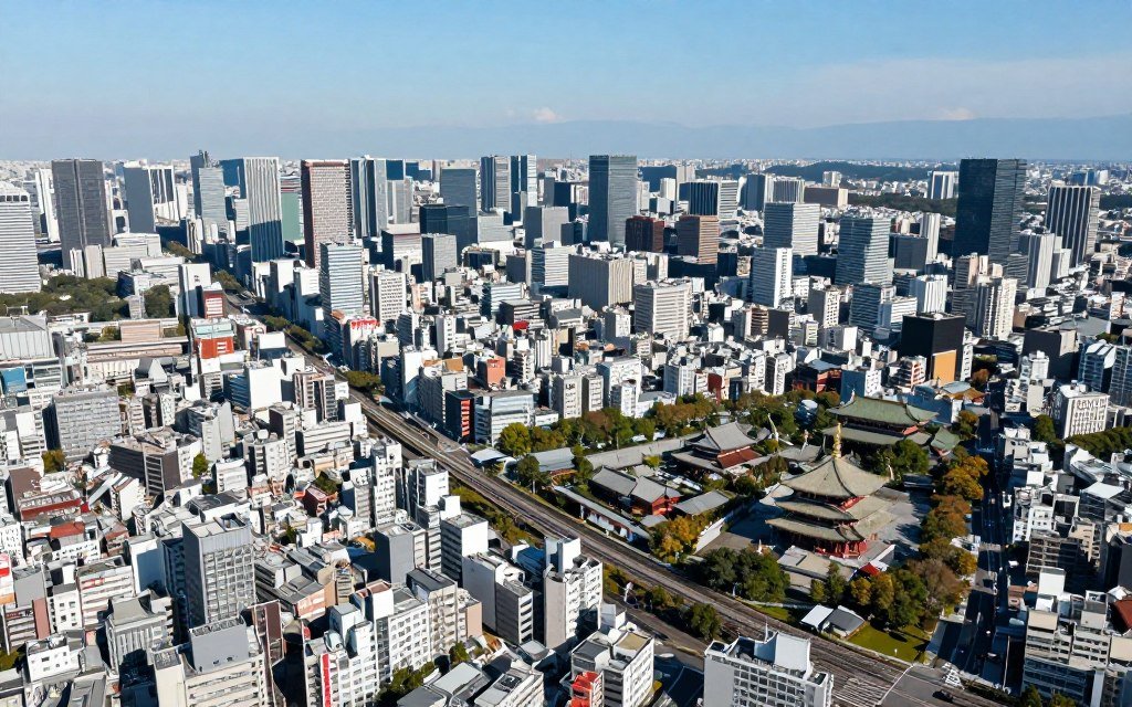 Aerial view of Tokyo neighborhoods showing different districts from Shibuya to Asakusa