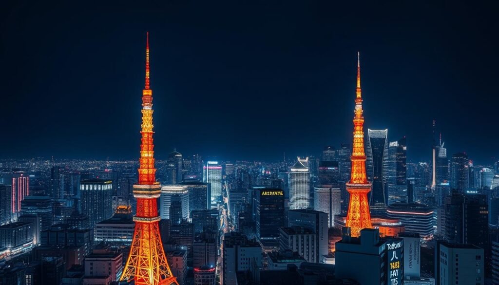 Aerial view of Tokyo skyline at night with Tokyo Tower illuminated in orange against modern skyscrapers