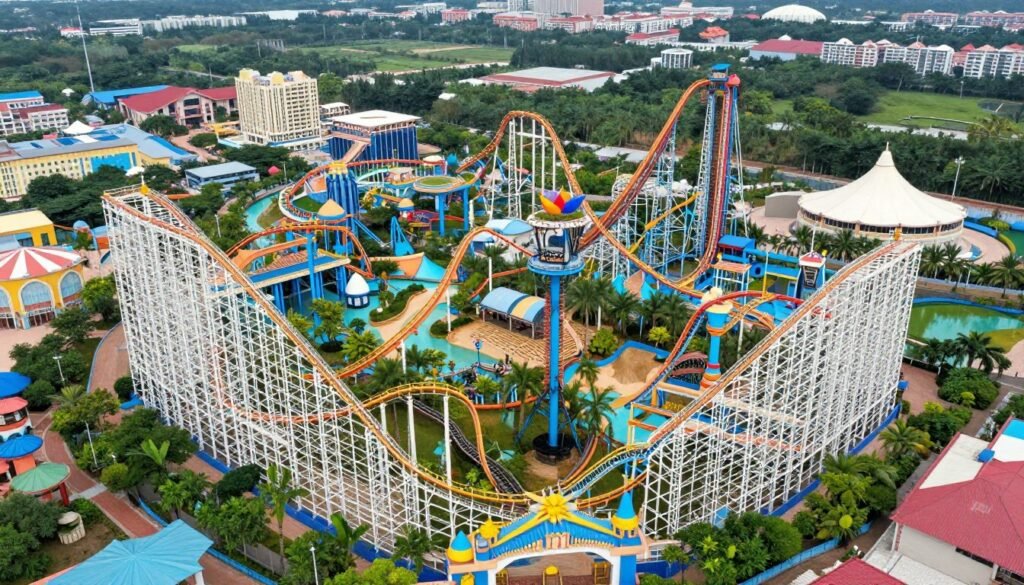 Aerial view of VinWonders theme park with roller coasters and attractions